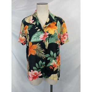 Vintage Hawaiian Camp Shirt Tropical‎ Floral Black Rayon Feel Button Up Boho L